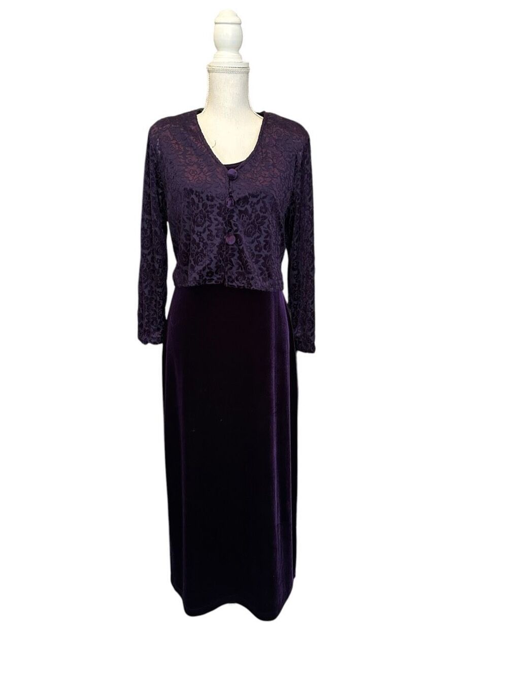 Vtg Amanda Smith 90s Purple Velvet Tank Maxi Dress with Burnout Bolero 6P 2pc.